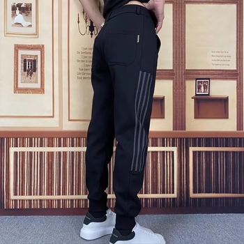 Pantaloni sport casual pentru bărbați, drepti, în dungi, talie medie, fermoar, material din bambus și bumbac