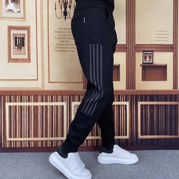 Pantaloni sport casual pentru bărbați, drepti, în dungi, talie medie, fermoar, material din bambus și bumbac