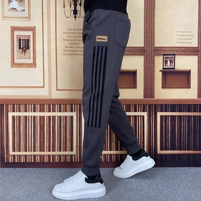 Pantaloni sport casual pentru bărbați, drepti, în dungi, talie medie, fermoar, material din bambus și bumbac