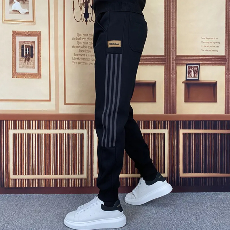 Pantaloni sport casual pentru bărbați, drepti, în dungi, talie medie, fermoar, material din bambus și bumbac