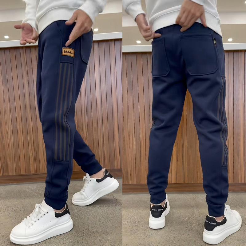 Pantaloni sport casual pentru bărbați, drepti, în dungi, talie medie, fermoar, material din bambus și bumbac