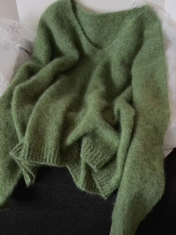 Pulover tricotat din lână pentru femei, decolteu în V, croială lejeră, tricot dens, mâneci lungi