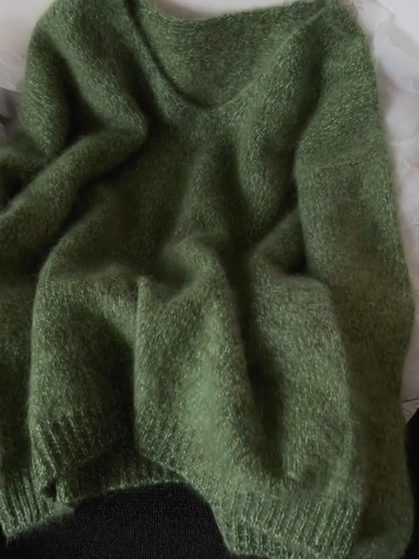 Pulover tricotat din lână pentru femei, decolteu în V, croială lejeră, tricot dens, mâneci lungi