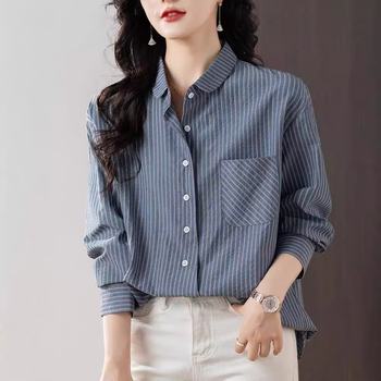 Cămașă polo cu dungi, mâneci lungi, croială lejeră, poliester