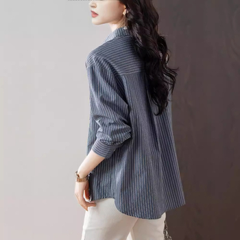 Cămașă polo cu dungi, mâneci lungi, croială lejeră, poliester