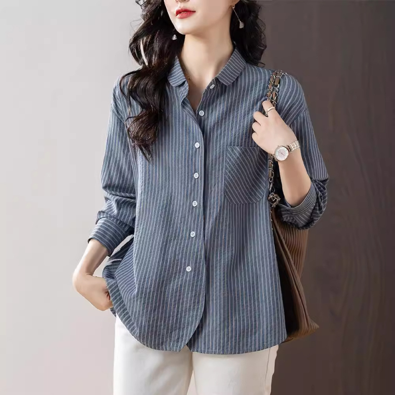 Cămașă polo cu dungi, mâneci lungi, croială lejeră, poliester