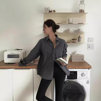 Cămașă din lână tweed pentru femei, stil cardigan și intelectual, mâneci lungi, guler de cămașă, peste 95% lână, toamnă 2024