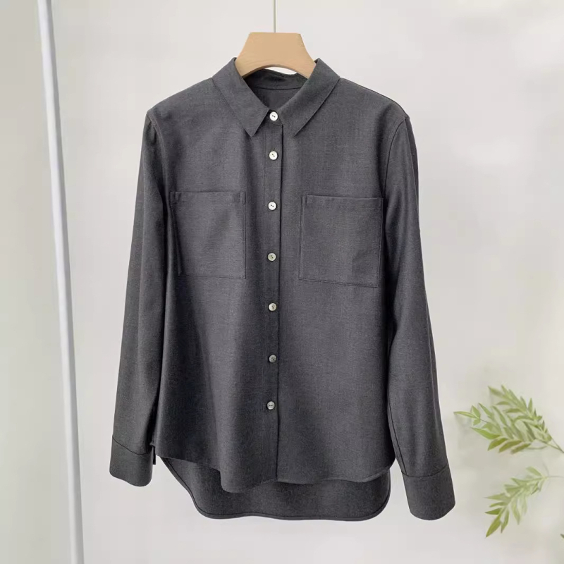 Cămașă din lână tweed pentru femei, stil cardigan și intelectual, mâneci lungi, guler de cămașă, peste 95% lână, toamnă 2024