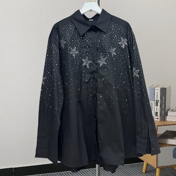 Cămașă cu model de stele și strasuri, stil coreean, mâneci lungi, croială lejeră, nasturi în față