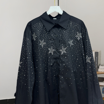 Cămașă cu model de stele și strasuri, stil coreean, mâneci lungi, croială lejeră, nasturi în față