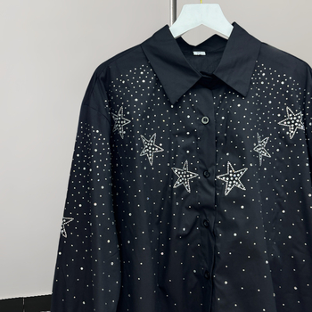 Cămașă cu model de stele și strasuri, stil coreean, mâneci lungi, croială lejeră, nasturi în față