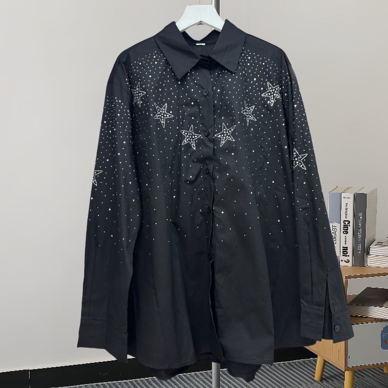 Cămașă cu model de stele și strasuri, stil coreean, mâneci lungi, croială lejeră, nasturi în față