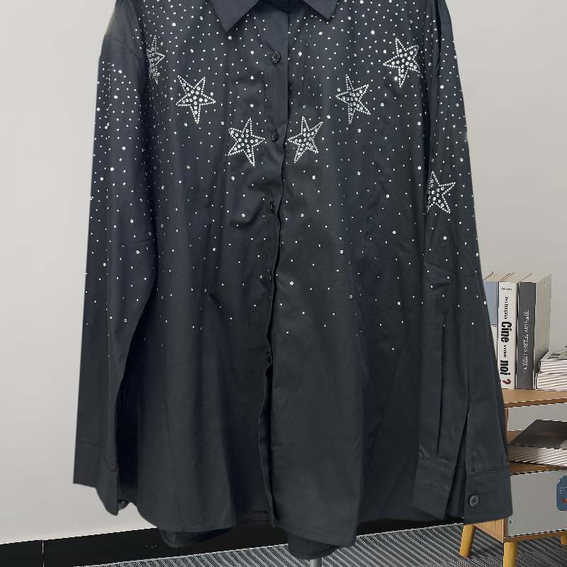 Cămașă cu model de stele și strasuri, stil coreean, mâneci lungi, croială lejeră, nasturi în față
