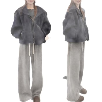 Set din două piese: sacou cu gulă și pantaloni evazați, talie înaltă, lungime trei sferturi, țesătură lână de miel