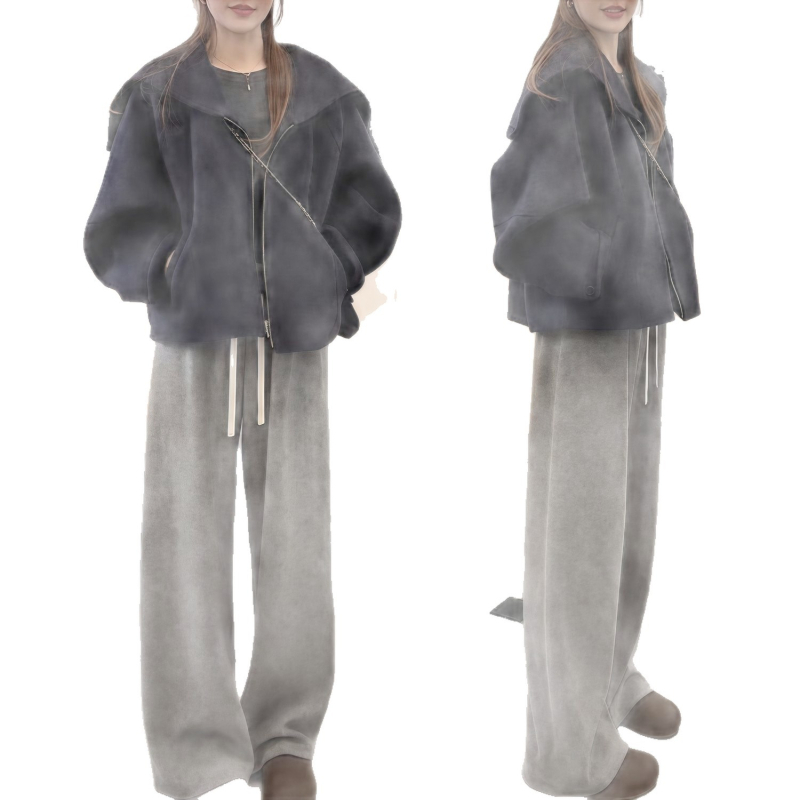 Set din două piese: sacou cu gulă și pantaloni evazați, talie înaltă, lungime trei sferturi, țesătură lână de miel