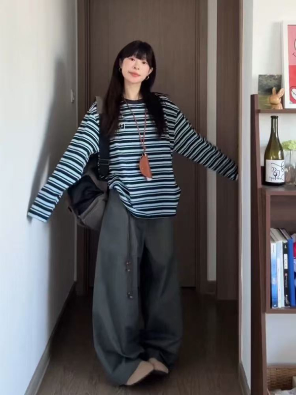 Ženska majica s dugim rukavima, američki retro stil, kontrastne pruge, vezeno, jesen-zima, široki kroj, elegantan svakodnevni top