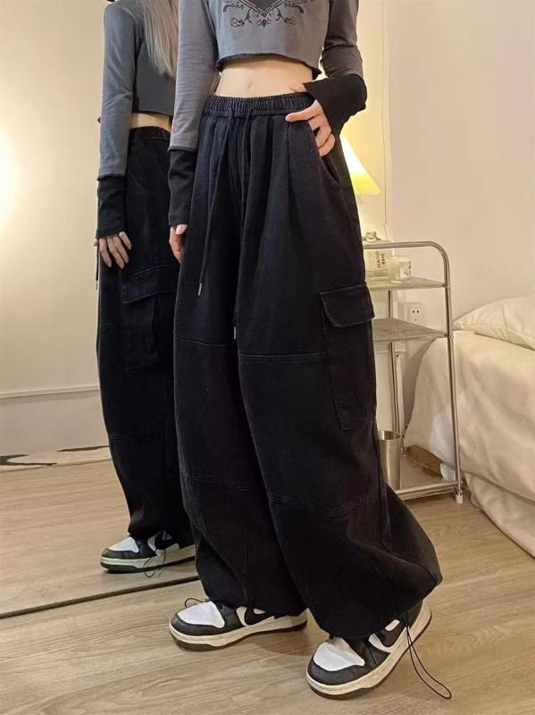 Pantaloni de lucru din bumbac pentru femei, talie elastică, croială largă, 90–95% bumbac, stil street hipster