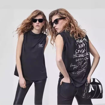 Tricou damă din bumbac, mânecă scurtă, croială lejeră, imprimeu cu text, guler rotund