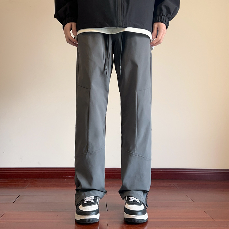 Casual hlače ravnog kroja, duge, visokim strukom, prozračna smjesa umjetnih vlakana, mladenački stil, za proljeće.