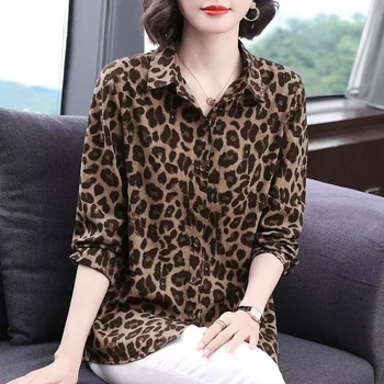 Šifonska košulja s leopardim uzorkom, slobodan kroj, dugi rukavi, ovratnik košulje