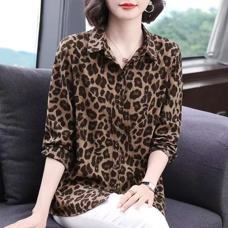 Šifonska košulja s leopardim uzorkom, slobodan kroj, dugi rukavi, ovratnik košulje