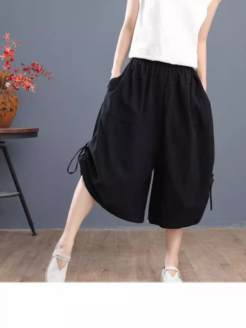Culotte pentru femei croppate, largi, vară, material Ice Silk, ușoare, talie înaltă cu bandă elastică, stil relaxat japono-coreean