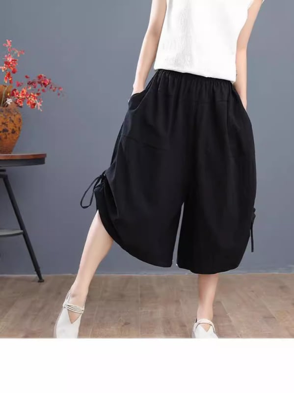 Culotte pentru femei croppate, largi, vară, material Ice Silk, ușoare, talie înaltă cu bandă elastică, stil relaxat japono-coreean