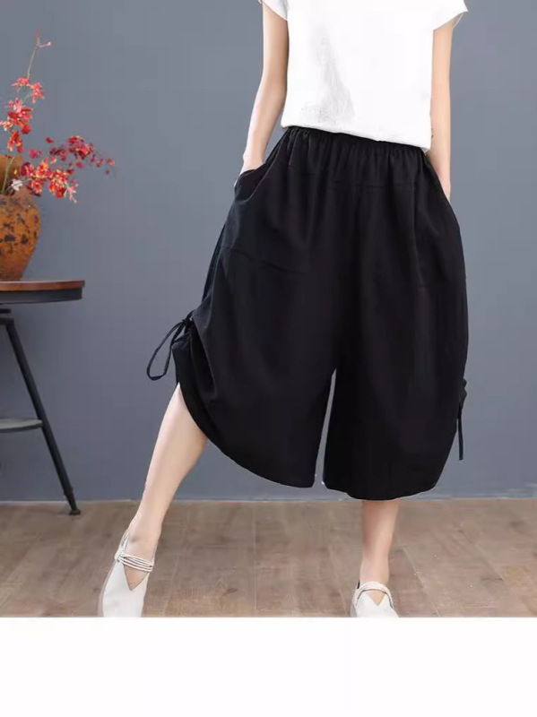 Culotte pentru femei croppate, largi, vară, material Ice Silk, ușoare, talie înaltă cu bandă elastică, stil relaxat japono-coreean