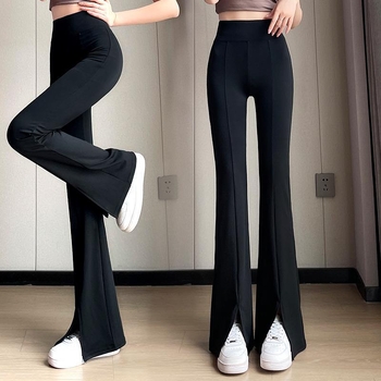 Ženske hlače s visokim strukom, flared bootcut, poliester-elastin smjesa, Micro-Lamar stil, Zima 2025