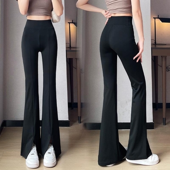 Ženske hlače s visokim strukom, flared bootcut, poliester-elastin smjesa, Micro-Lamar stil, Zima 2025
