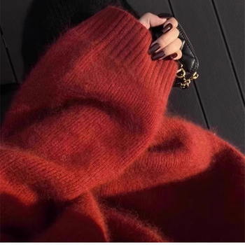 Pulover tricotat pentru femei cu glugă și decolteu în V, amestec lână-poliester, croială lejeră, mâneci lungi, iarnă 2025