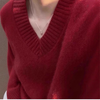 Pulover tricotat pentru femei cu glugă și decolteu în V, amestec lână-poliester, croială lejeră, mâneci lungi, iarnă 2025