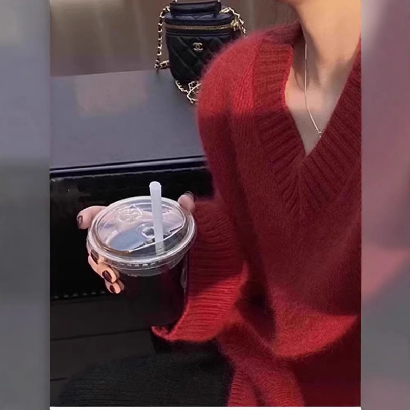 Pulover tricotat pentru femei cu glugă și decolteu în V, amestec lână-poliester, croială lejeră, mâneci lungi, iarnă 2025