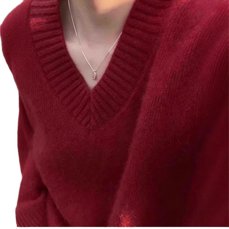 Pulover tricotat pentru femei cu glugă și decolteu în V, amestec lână-poliester, croială lejeră, mâneci lungi, iarnă 2025