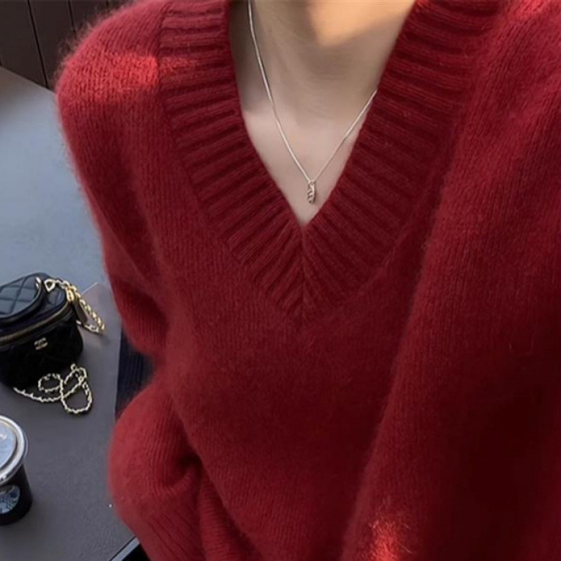 Pulover tricotat pentru femei cu glugă și decolteu în V, amestec lână-poliester, croială lejeră, mâneci lungi, iarnă 2025
