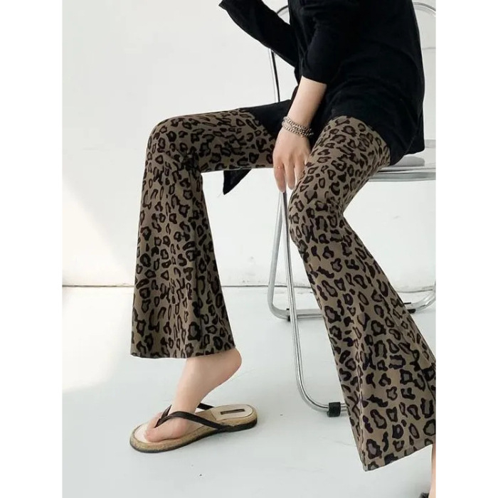 Damske leopard uzorka krojene široke hlače, poliester-elastan smjesa, elastični pojas, kratka duljina
