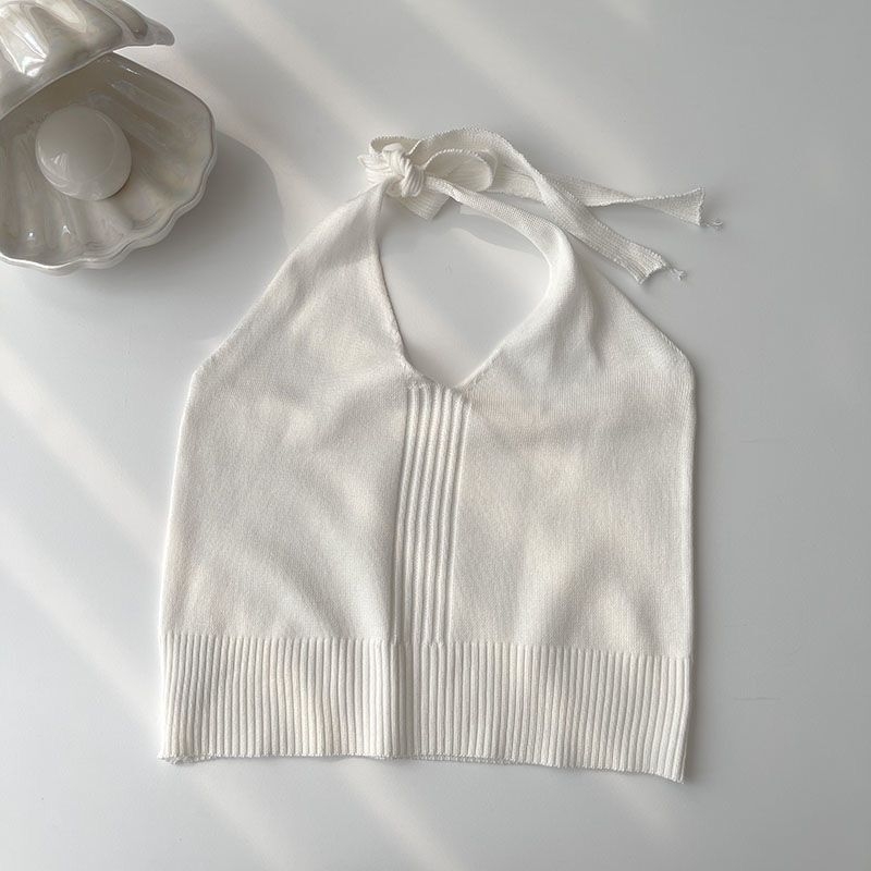Pleten tube top s vezanjem, halter vrat i V-dekolte