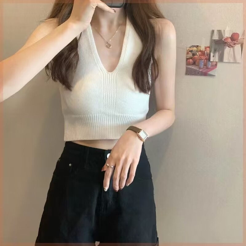 Pleten tube top s vezanjem, halter vrat i V-dekolte
