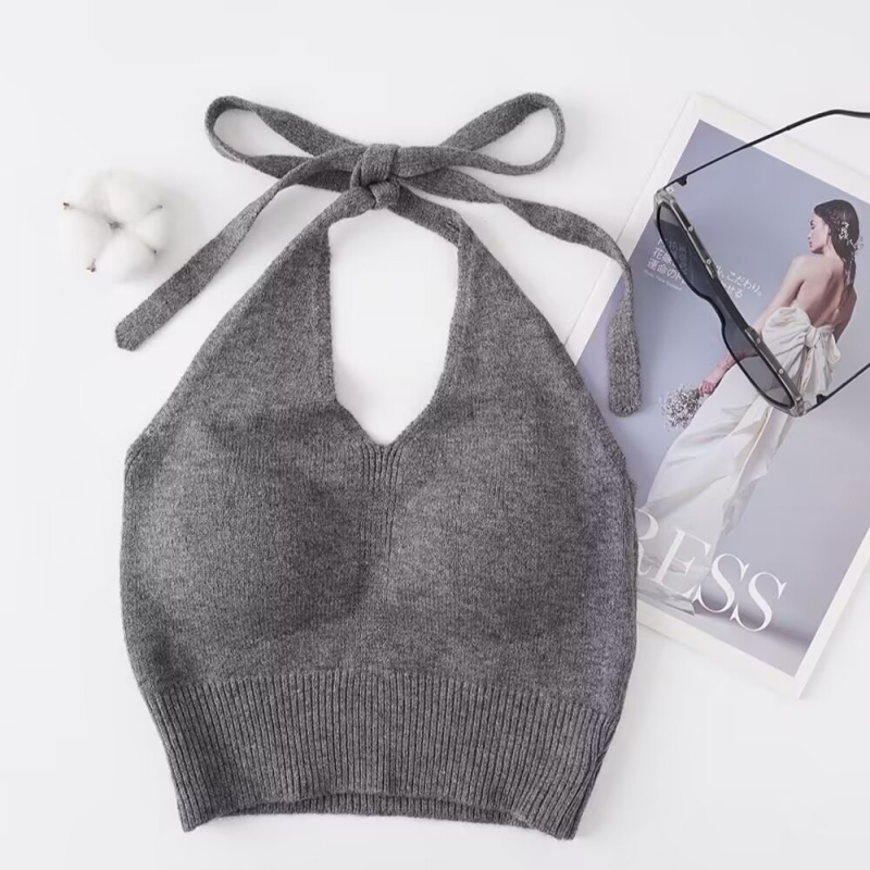 Pleten tube top s vezanjem, halter vrat i V-dekolte