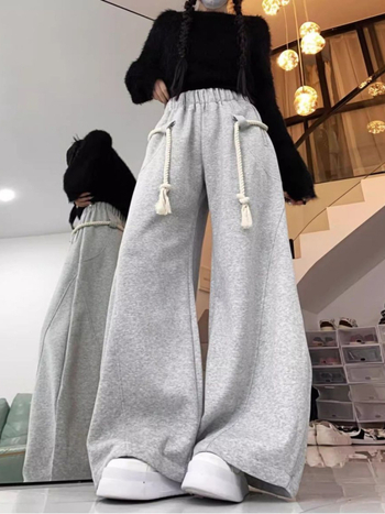 Ženske široke casual hlače s elastičnim pojasom; poliester; japansko-korejski gradski stil; patchwork dizajn