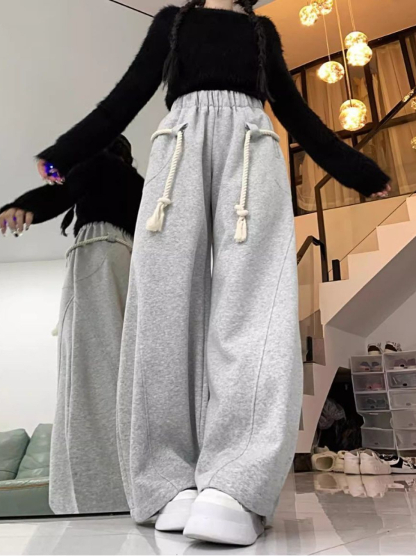 Ženske široke casual hlače s elastičnim pojasom; poliester; japansko-korejski gradski stil; patchwork dizajn