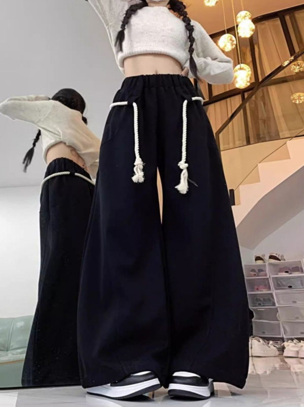 Ženske široke casual hlače s elastičnim pojasom; poliester; japansko-korejski gradski stil; patchwork dizajn