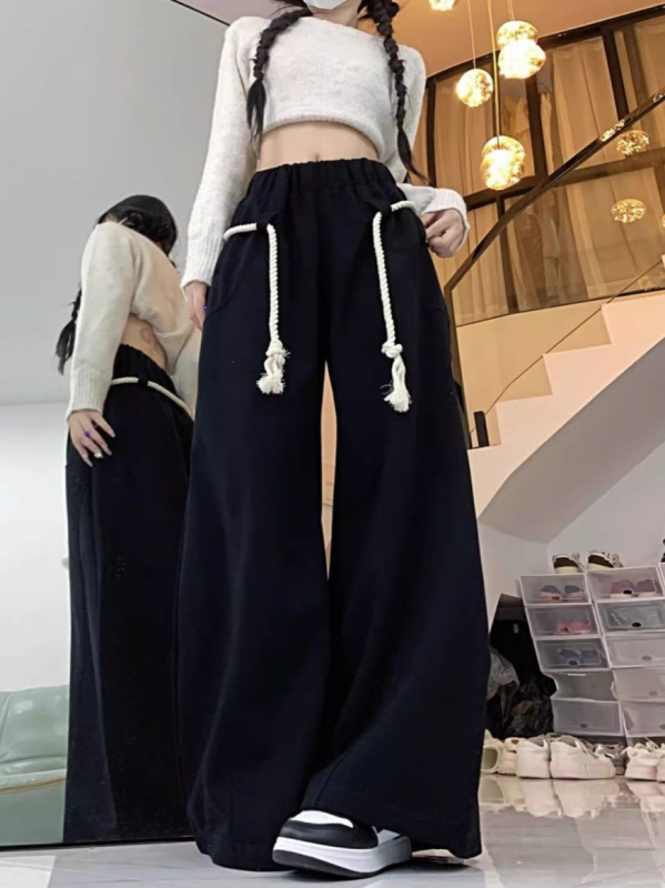 Ženske široke casual hlače s elastičnim pojasom; poliester; japansko-korejski gradski stil; patchwork dizajn