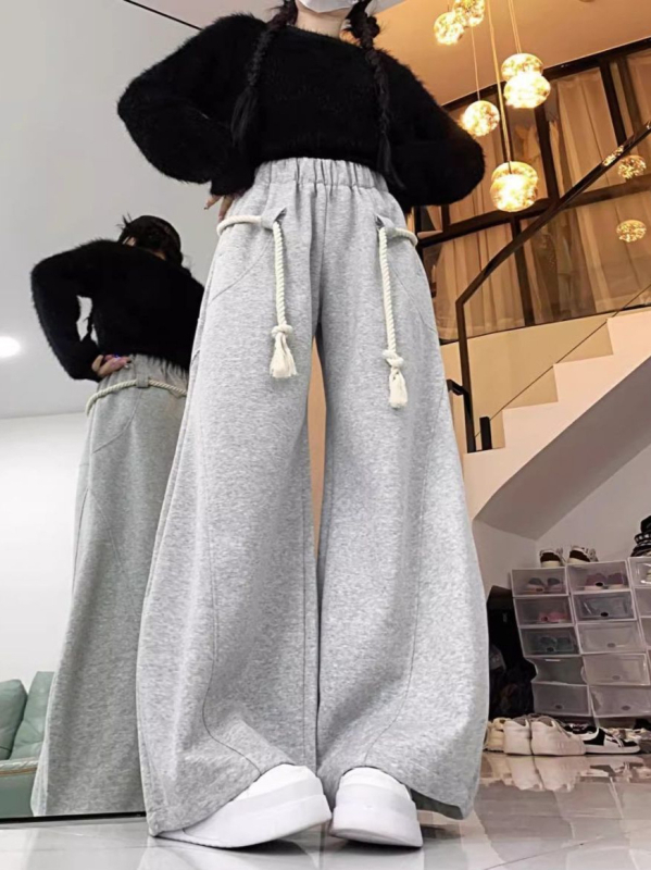Ženske široke casual hlače s elastičnim pojasom; poliester; japansko-korejski gradski stil; patchwork dizajn