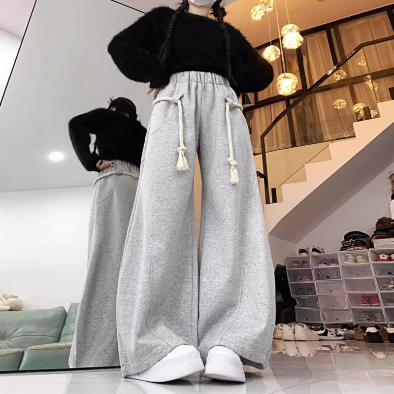 Ženske široke casual hlače s elastičnim pojasom; poliester; japansko-korejski gradski stil; patchwork dizajn
