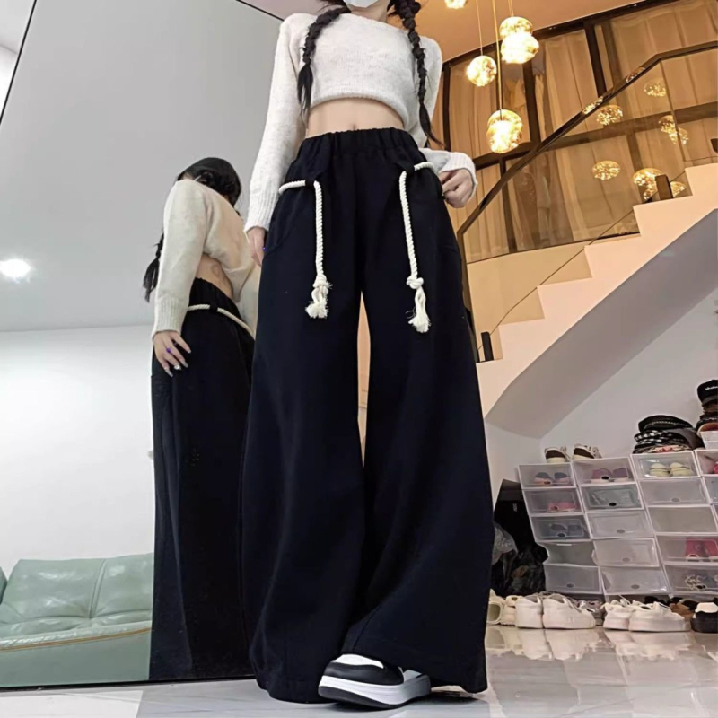 Ženske široke casual hlače s elastičnim pojasom; poliester; japansko-korejski gradski stil; patchwork dizajn