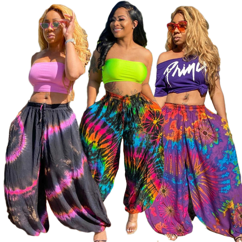 Ženske casual hlače s tie-dye printom, bloomers stil (Materijal: poliester; Struk: srednji; Duljina: hlače; Stil: bloomers)
