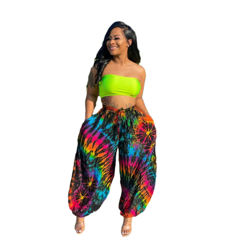 Ženske casual hlače s tie-dye printom, bloomers stil (Materijal: poliester; Struk: srednji; Duljina: hlače; Stil: bloomers)