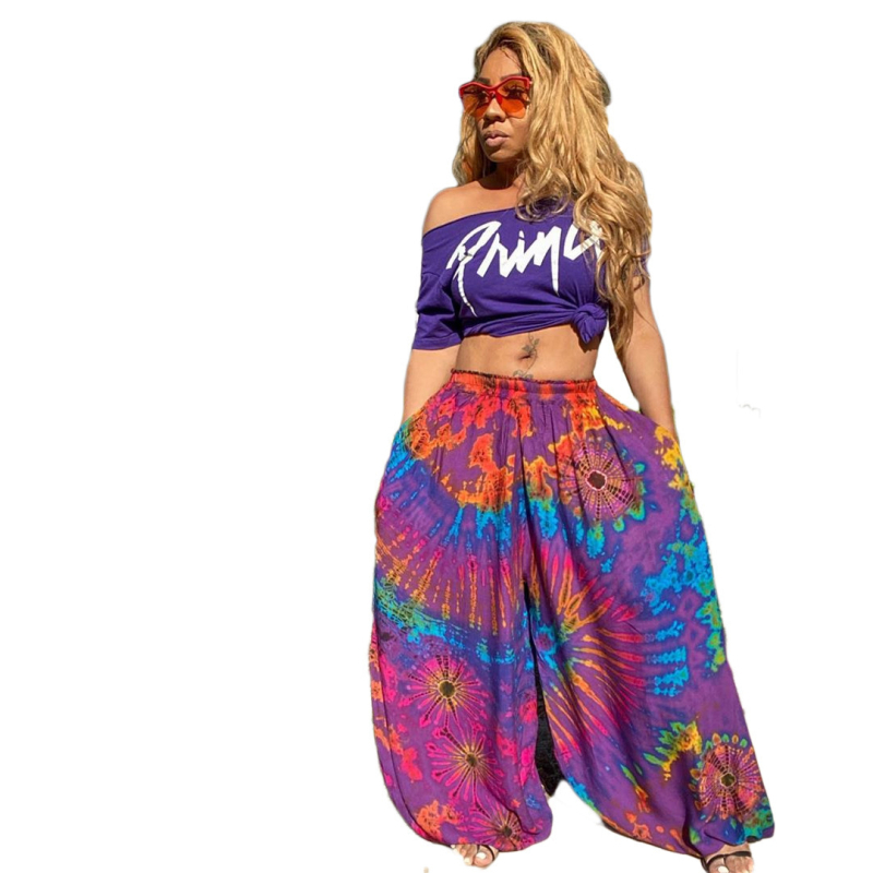 Ženske casual hlače s tie-dye printom, bloomers stil (Materijal: poliester; Struk: srednji; Duljina: hlače; Stil: bloomers)