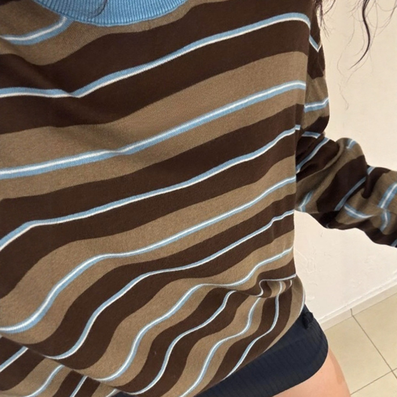 Ženski top s dugim rukavima, prugast uzorka, okrugli vrat, ležerni stil (Uzorak: pruge; Materijal: vuna s 30–50% akrila; Rukavi: dugi; Vrat: okrugli; Stil: japansko-korejski ležerni)